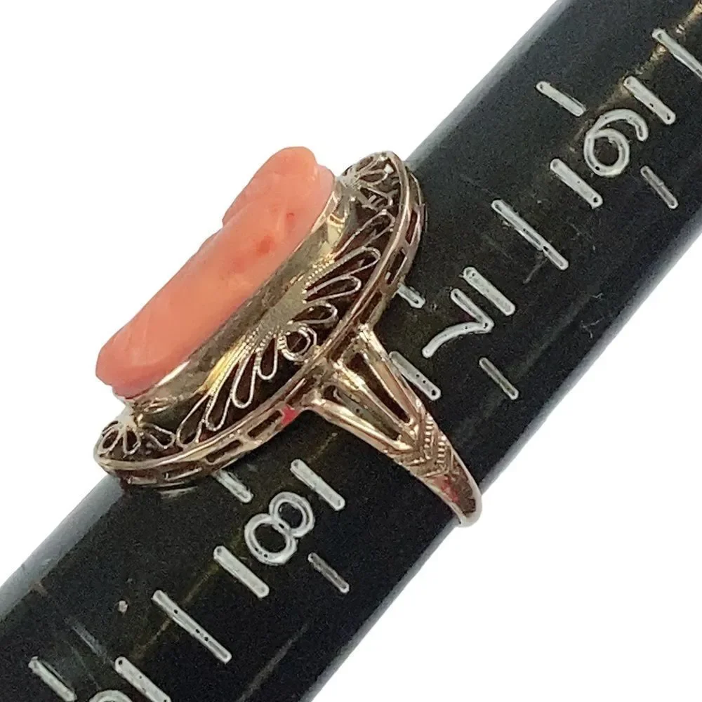 Antique Victorian Carved Cameo Ring 10k Yellow Gold Filigree Oval Sz 7.5 Vintage